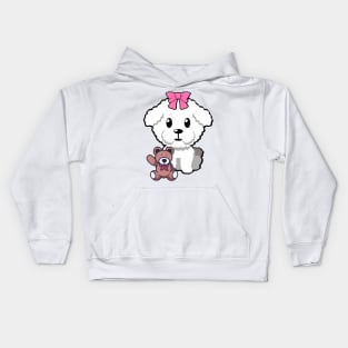 Funny Furry dog is holding a teddy bear Kids Hoodie